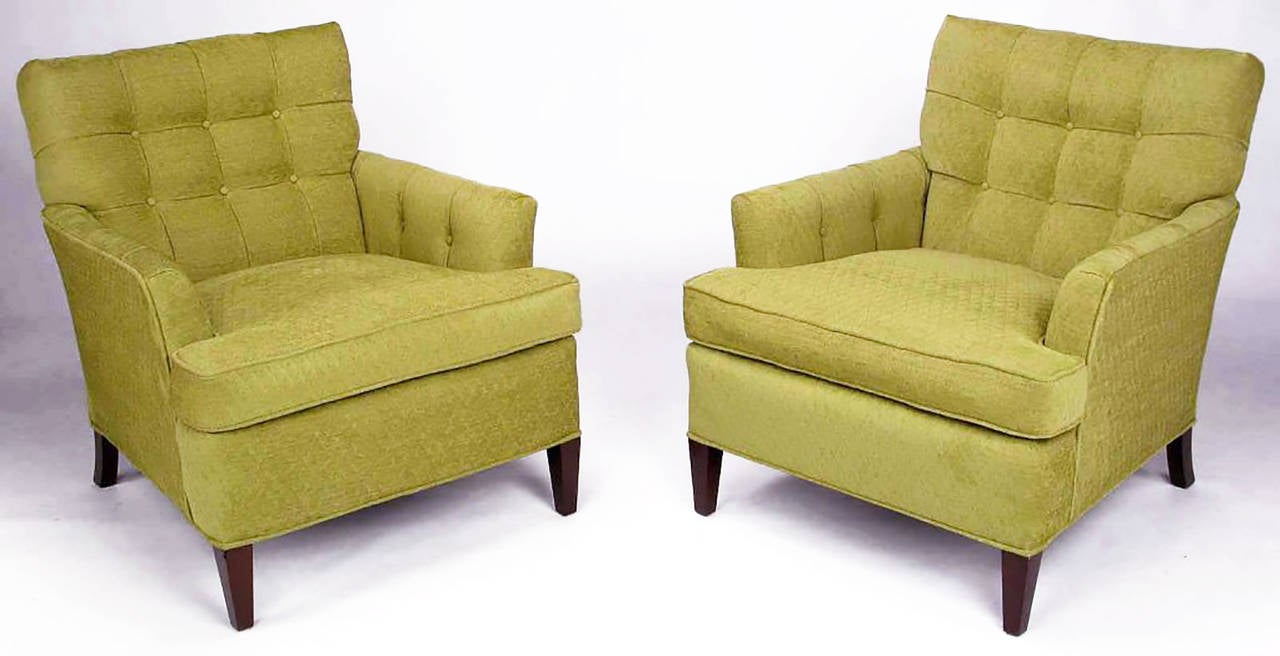 American Pair of Heritage Henredon Club Chairs in Quilted Sage Wool