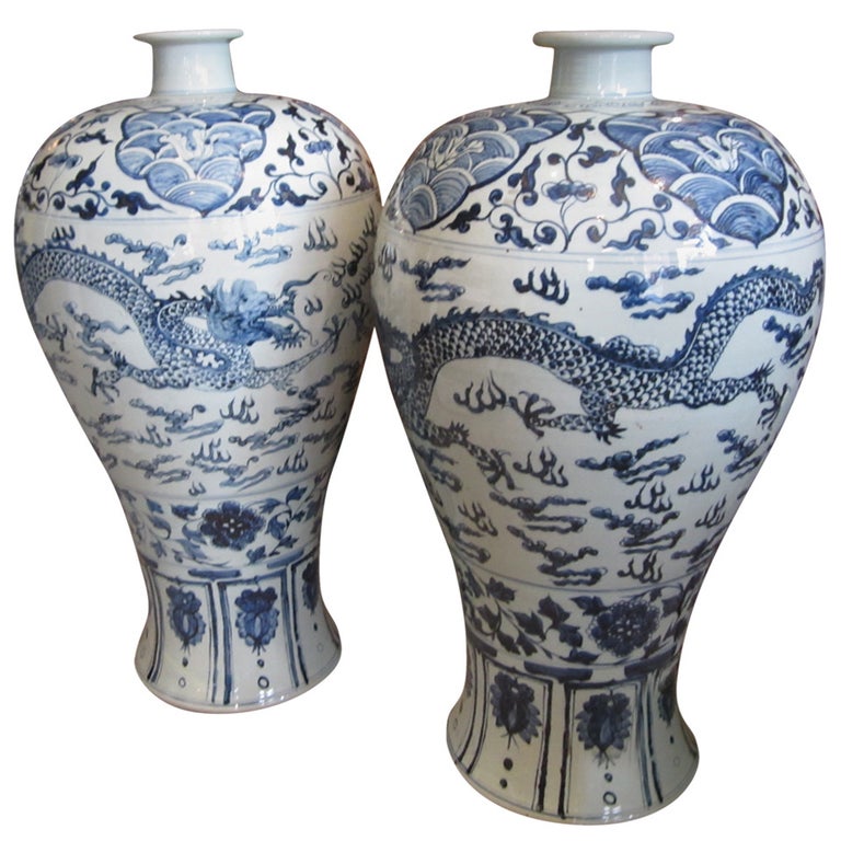 Pair of Chinese Blue and White Vases at 1stDibs