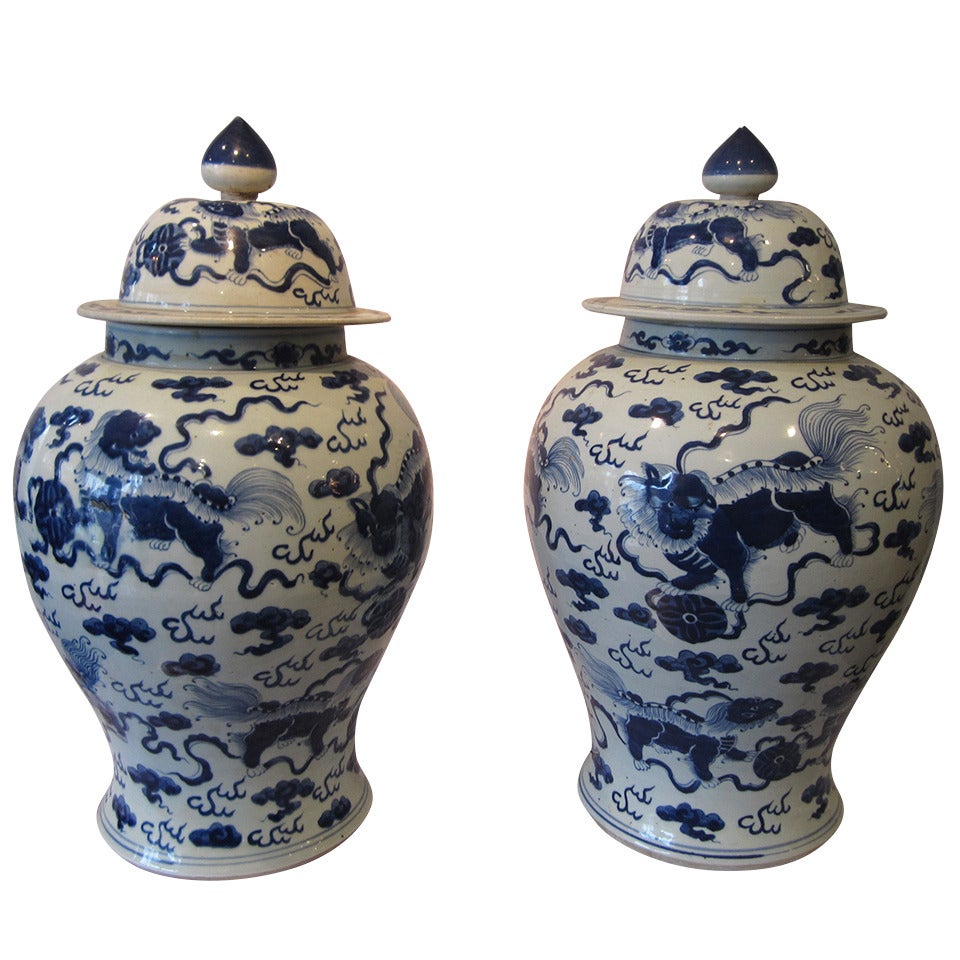 Pair of Chinese Blue and White Jars with Lids