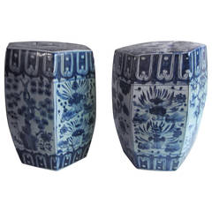 Hexagonal Chinese Blue and White Garden Seats or Stools