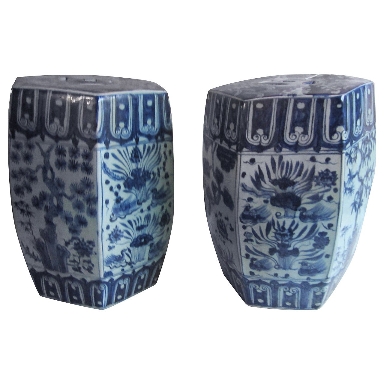 Hexagonal Chinese Blue and White Garden Seats or Stools