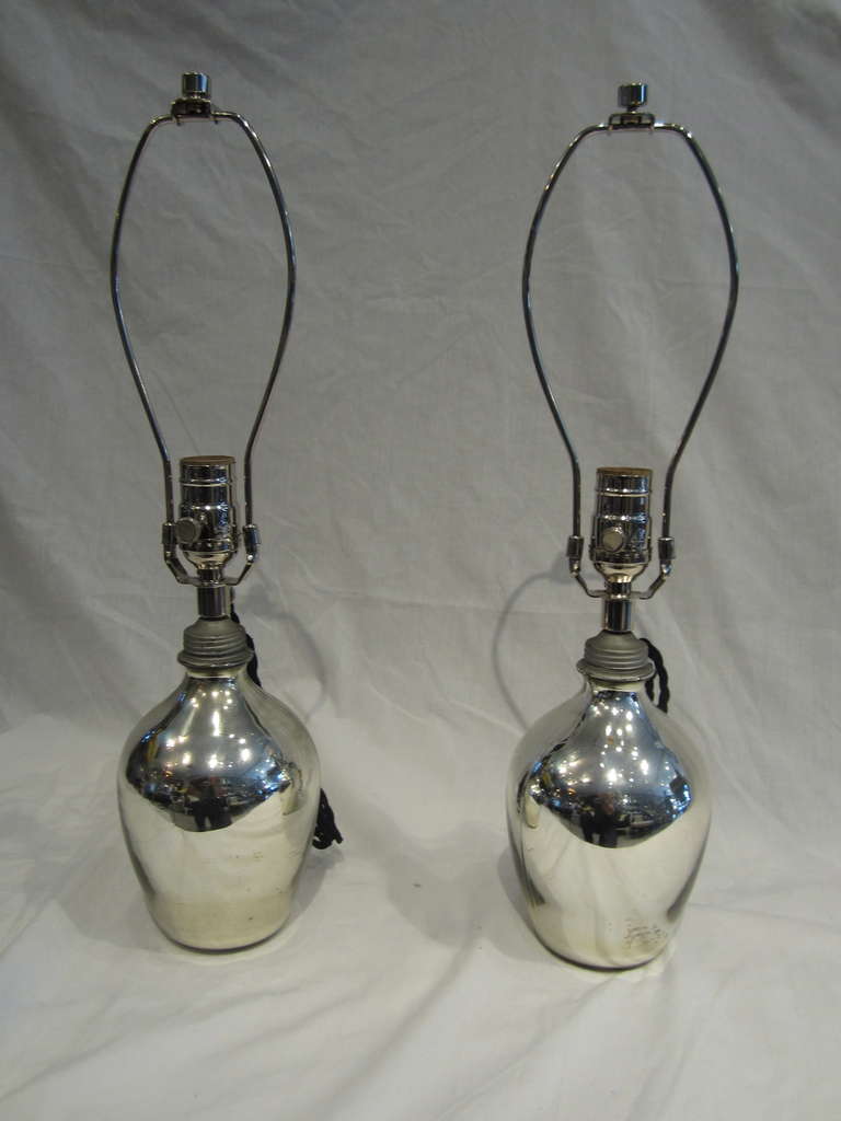 Very fine pair of mercury glass lamps rewired with black silk cord.

Height of base to top of socket 11.5.