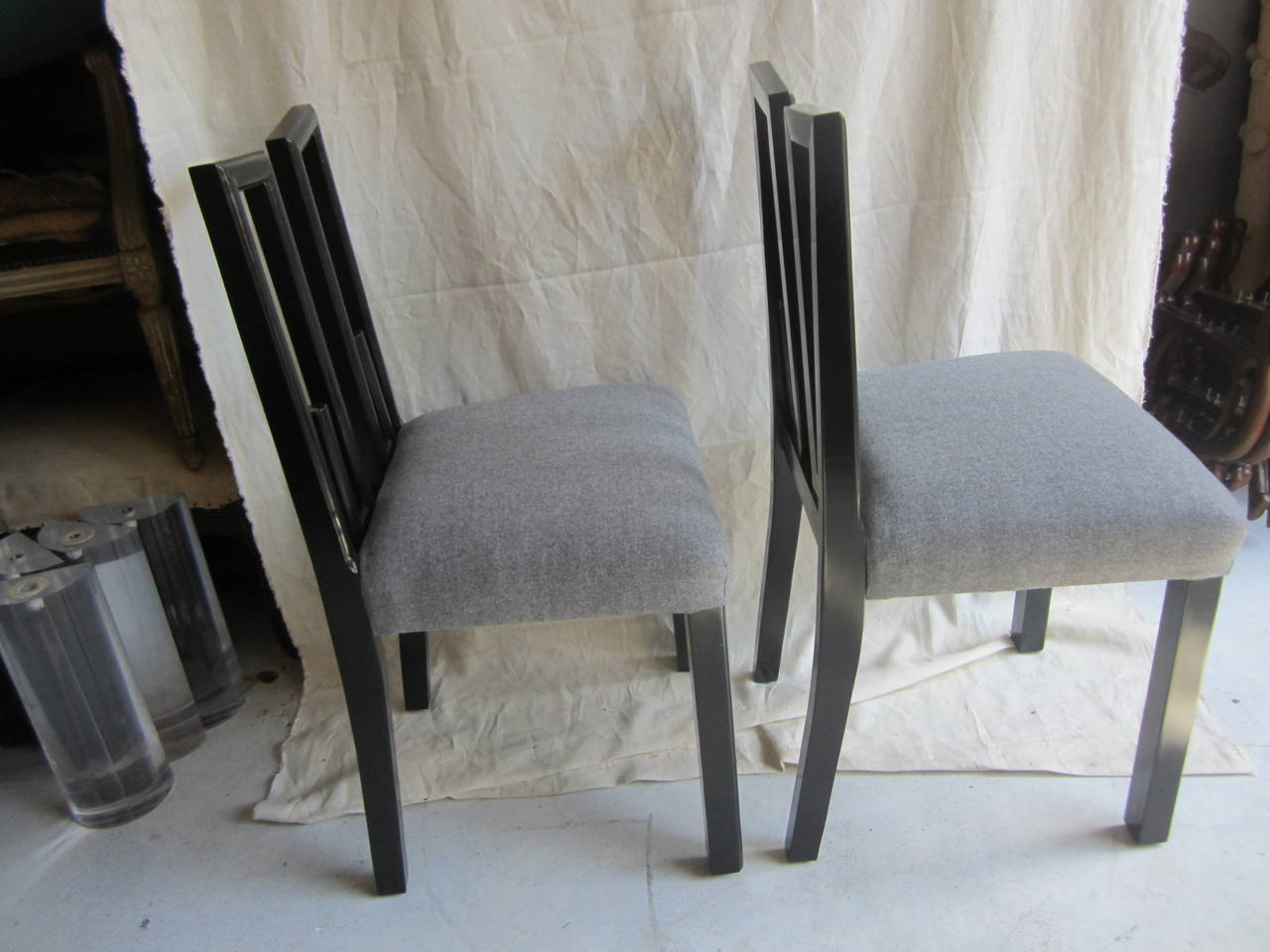 Newly lacquered in black and upholstered in grey cashmere/wool.