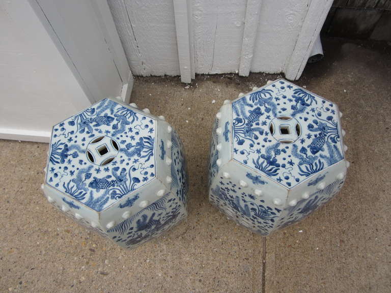 Hexagonal Chinese Blue and White Garden Seat/Stool In Excellent Condition In East Hampton, NY