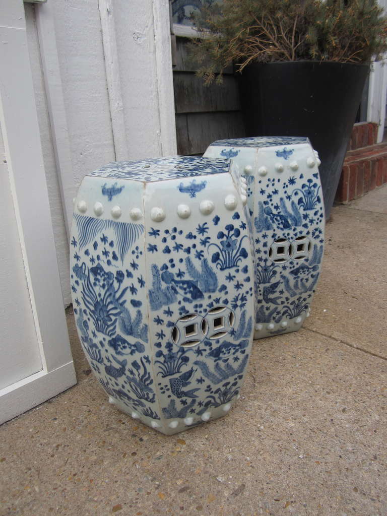 Ceramic Hexagonal Chinese Blue and White Garden Seat/Stool