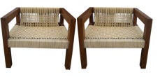 Pair of Modern Rope and Wood Low Arm Chairs