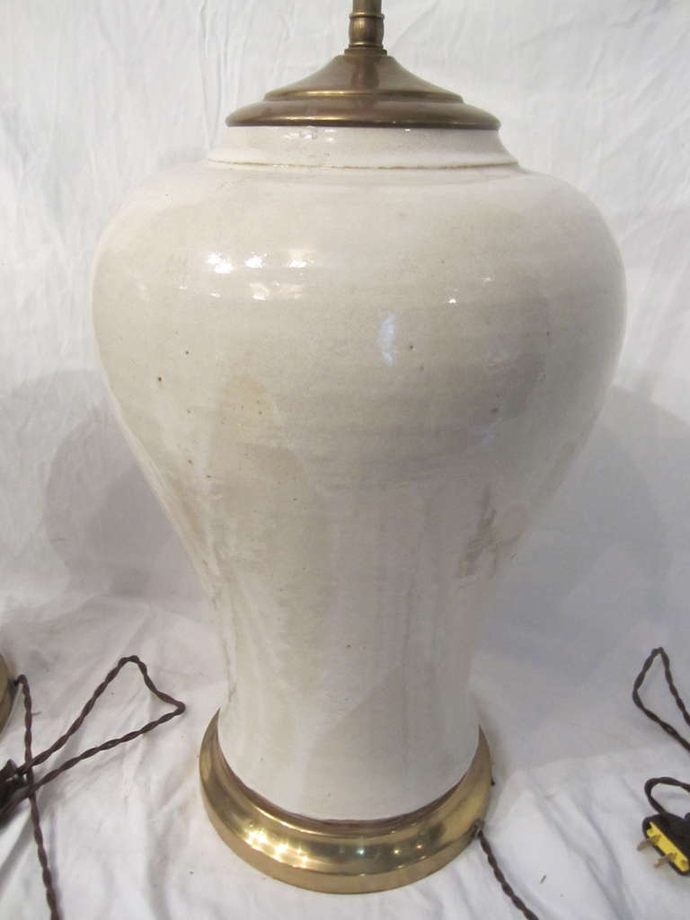 American Pair of White Glazed Ceramic Lamps