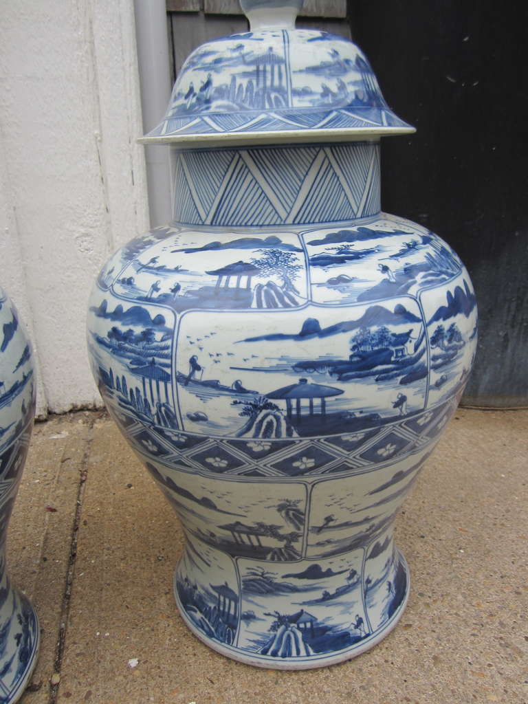 20th Century Pair of Chinese Blue and White Temple Jars