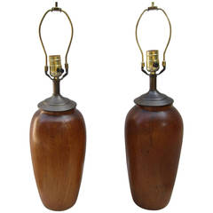 Pair of Solid Wood Gourd Shaped Lamps