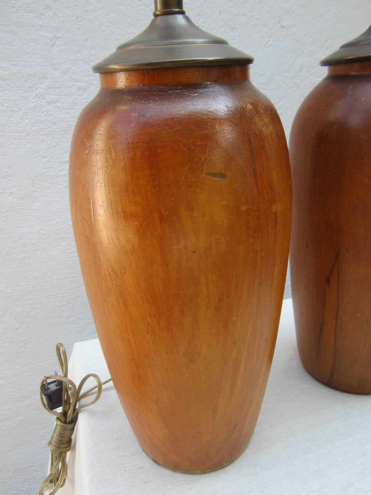 Mid-20th Century Pair of Solid Wood Gourd Shaped Lamps