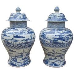 Pair of Chinese Blue and White Temple Jars