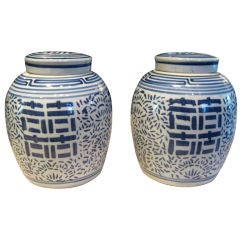 Pair of Chinese Blue and White Covered Jars