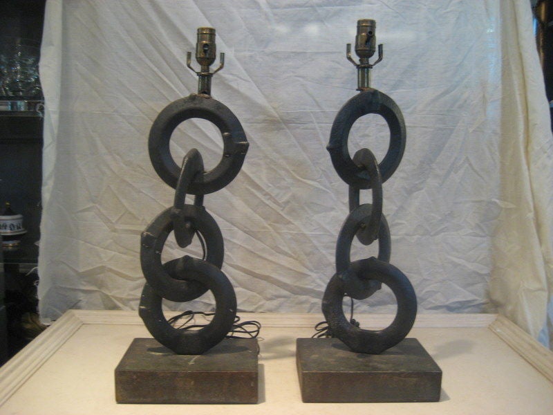 Imposing Pair of  Iron Chain Link Lamps