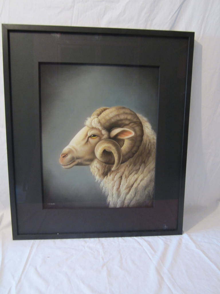 Beautiful framed 19th century pastel drawing of rams head signed S.C. Waters. The artist, Susan Catherine Moore Waters, was an America self-taught painter of animals.