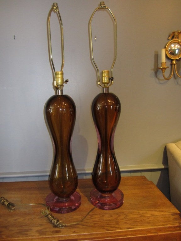Gorgeous pair of Seguso Murano glass lamps with glass bases.