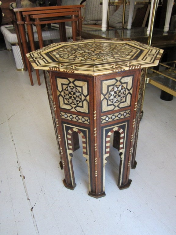 Beautiful restored octagonal inlaid wood, shell, and ivory Moroccan table