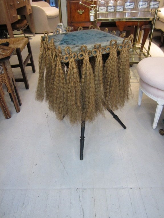 Whimsical 19th century New England side table with velvet plateau and wonderful rope detailing on a tripod base.