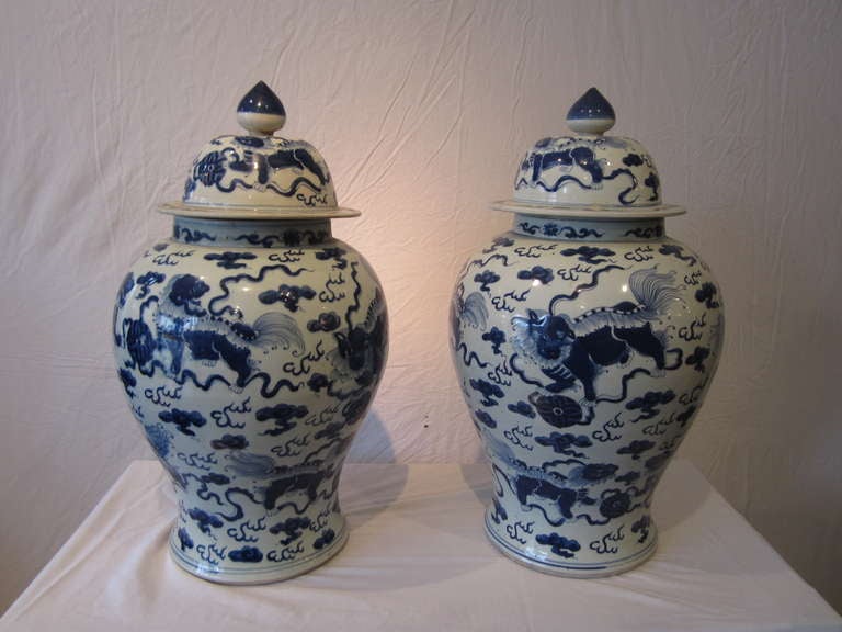 Beautiful pair of Chinese blue and white temple jars.  Great scale!