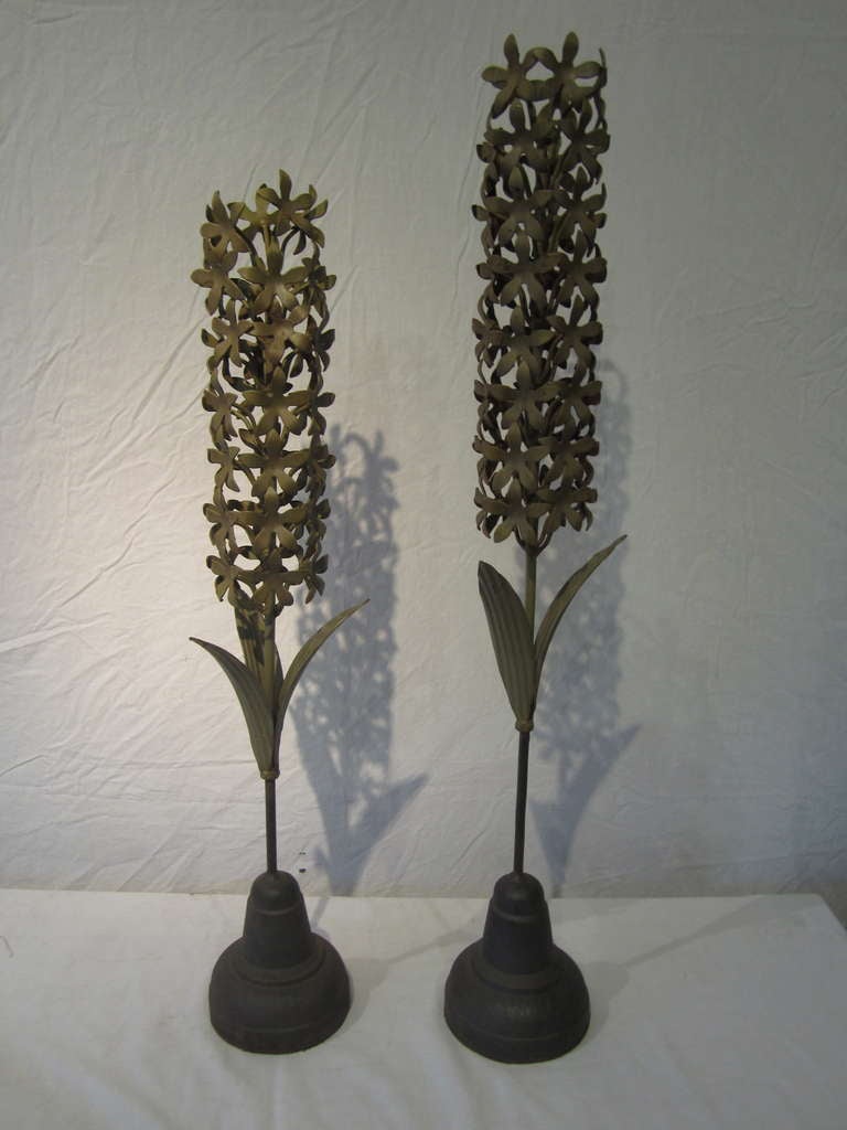 Pair of metal hyacinths on stands....