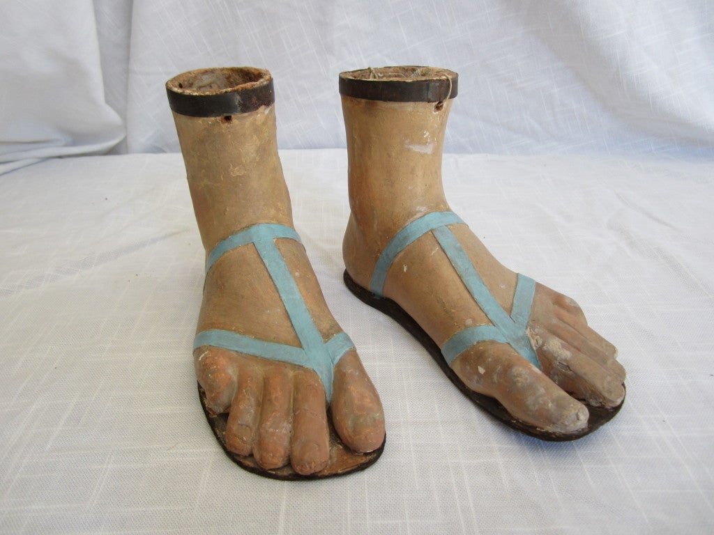 Pair of papier mache feet with sandals from a mannequin very stylish objet.