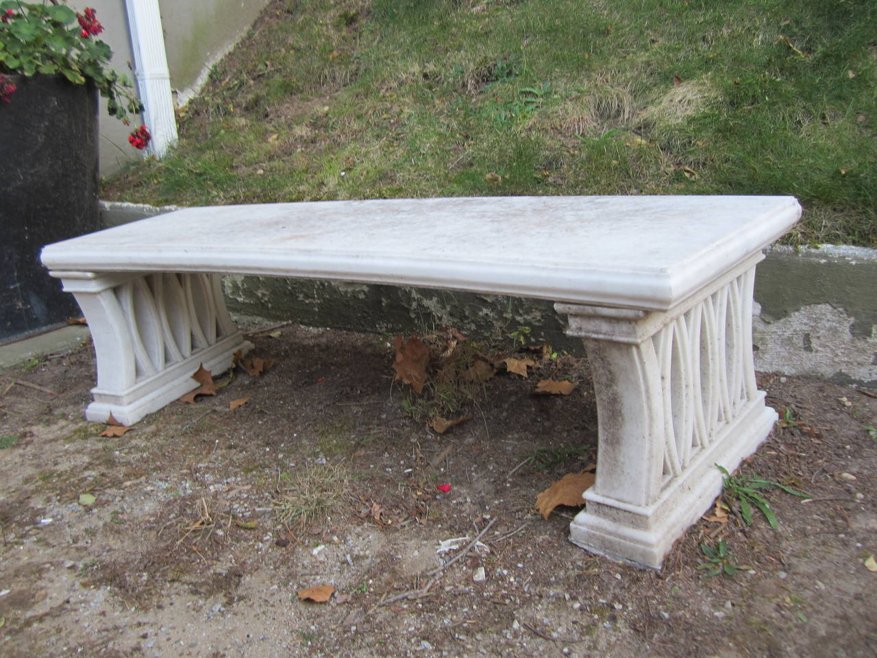 Beautiful carved marble benches in three parts each.....very nice patina.....could fit traditional to modern....