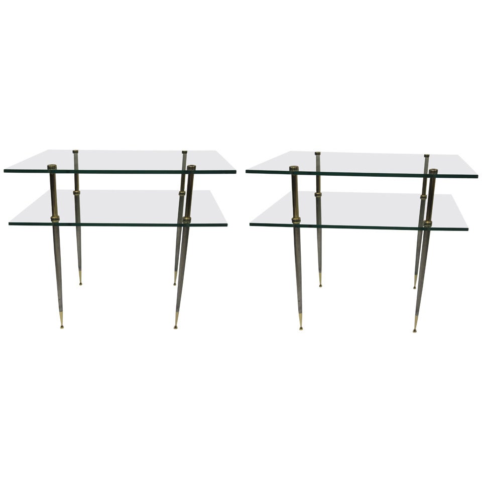 Pair of Brass and Steel Two-Tiered Glass Tables