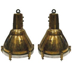 Vintage Pair of Brass Industrial Hanging Lights