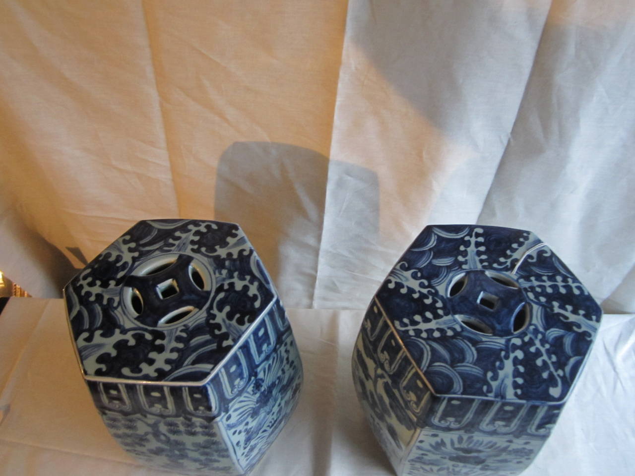 Glazed Hexagonal Chinese Blue and White Garden Seats or Stools