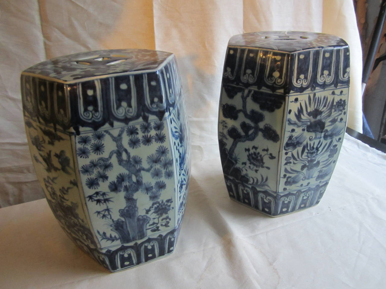 Hexagonal Chinese Blue and White Garden Seats or Stools In Excellent Condition In East Hampton, NY