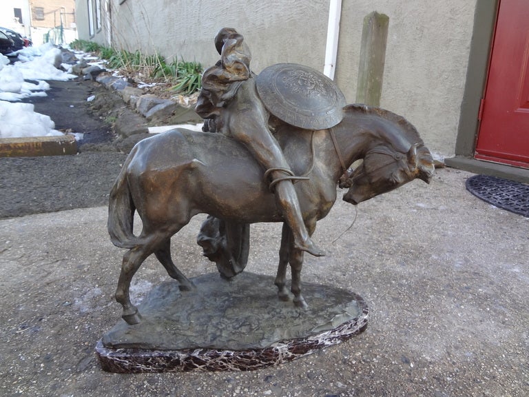 A beautiful patinated bronze grouping of a soldier on horseback in a farewell embrace / kiss . Probably going off to battle . The bronze is signed Vanetti for Antonio Vanetti and the base is signed Bigazzi , a reknowned sculptor surely working in