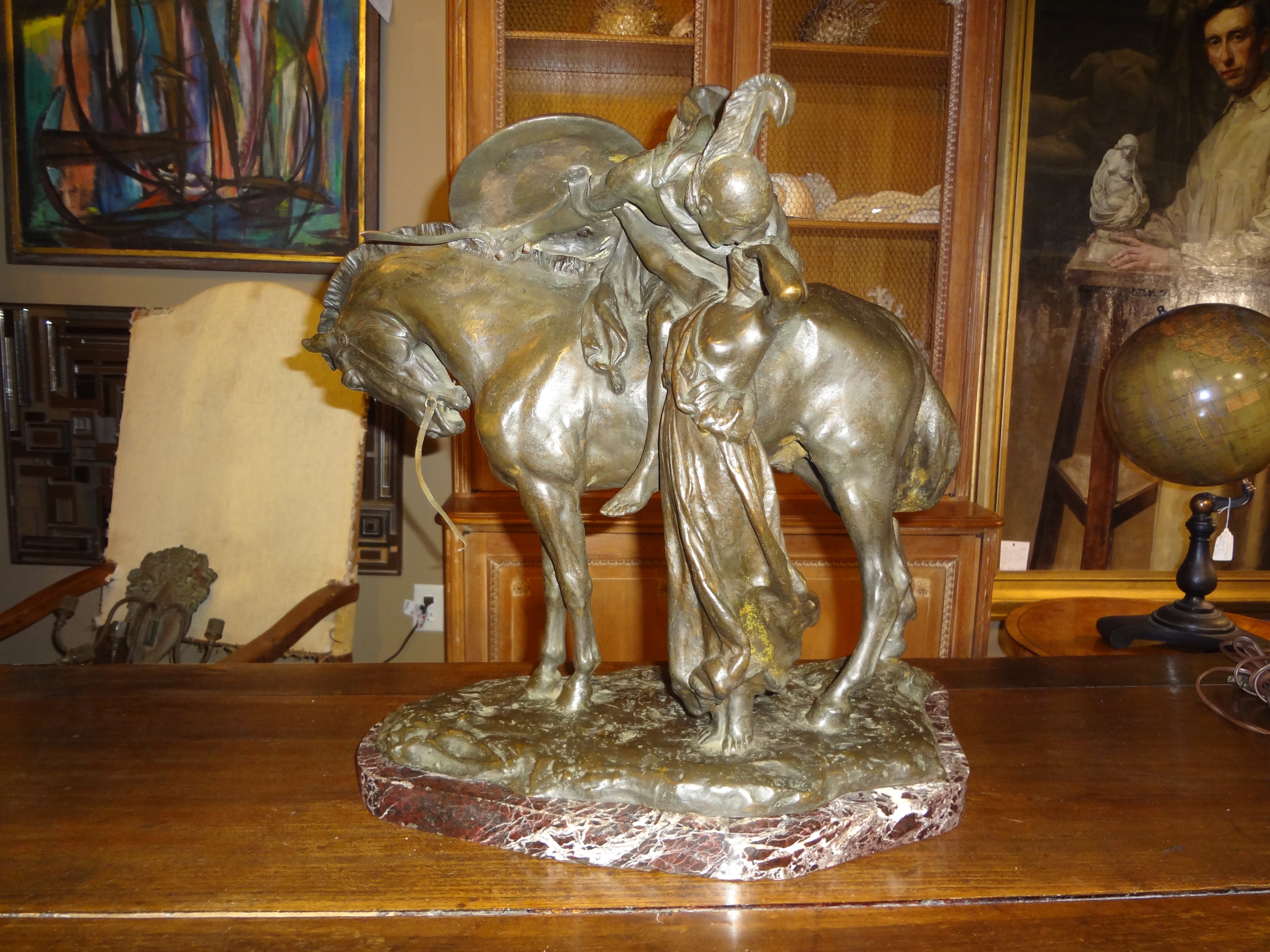 Italian Bronze of a Soldier on Horseback in an Embrace