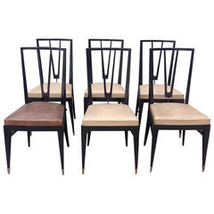 Very Chic Set of Six Mid-20th Century Dining Chairs with Brass Detail