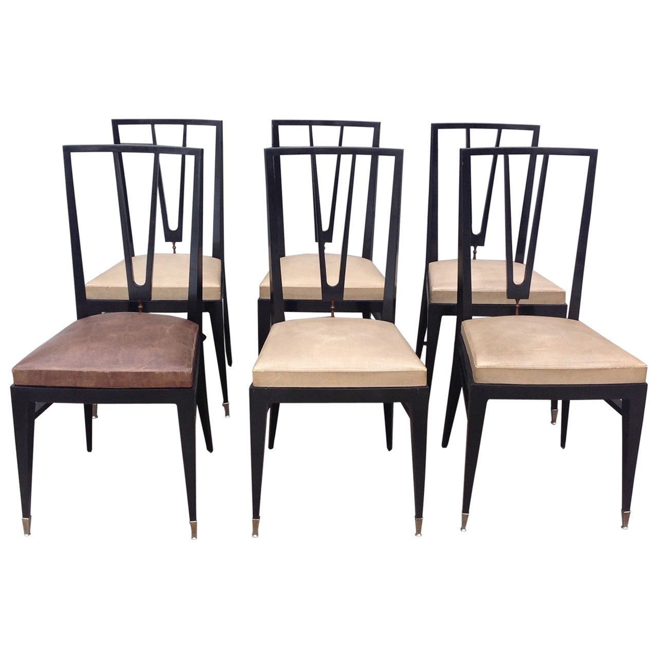 Very Chic Set of Six Mid-20th Century Dining Chairs with Brass Detail For Sale