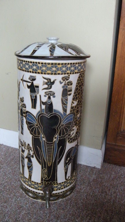1930's French pottery water cooler with African themed decor