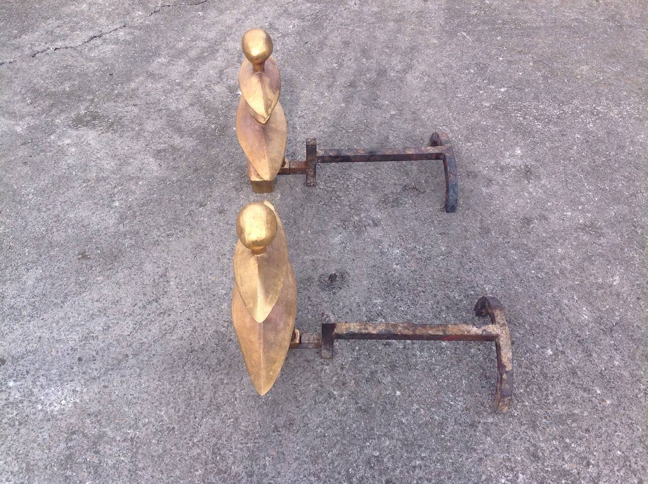 Brutalist Pair of Sculptural Gilt Bronze Andirons Designed by Diego Giacometti For Sale