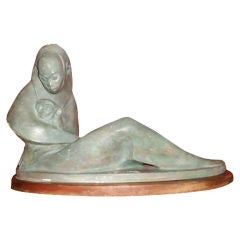 Used Art Deco Patinated Plaster Of Mother And Baby Monkey 1938