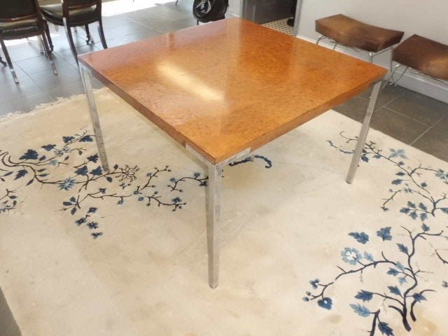 A quality vintage chrome and burlwood (probably ash) table by the Eppinger Furniture company circa 1970. This table came directly from the Eppinger family's estate in carmel, NY.
