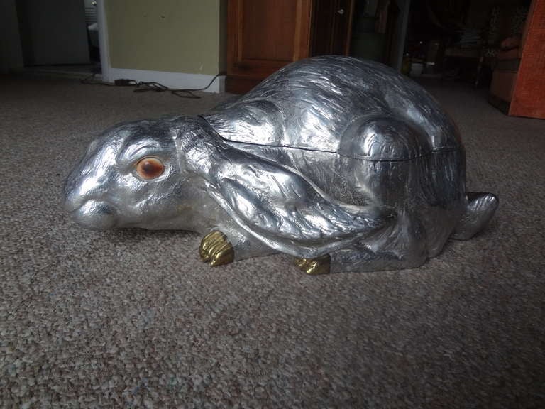 A hard to find cast aluminum Rabbit box by Arthur Court with nice ceramic eyes 