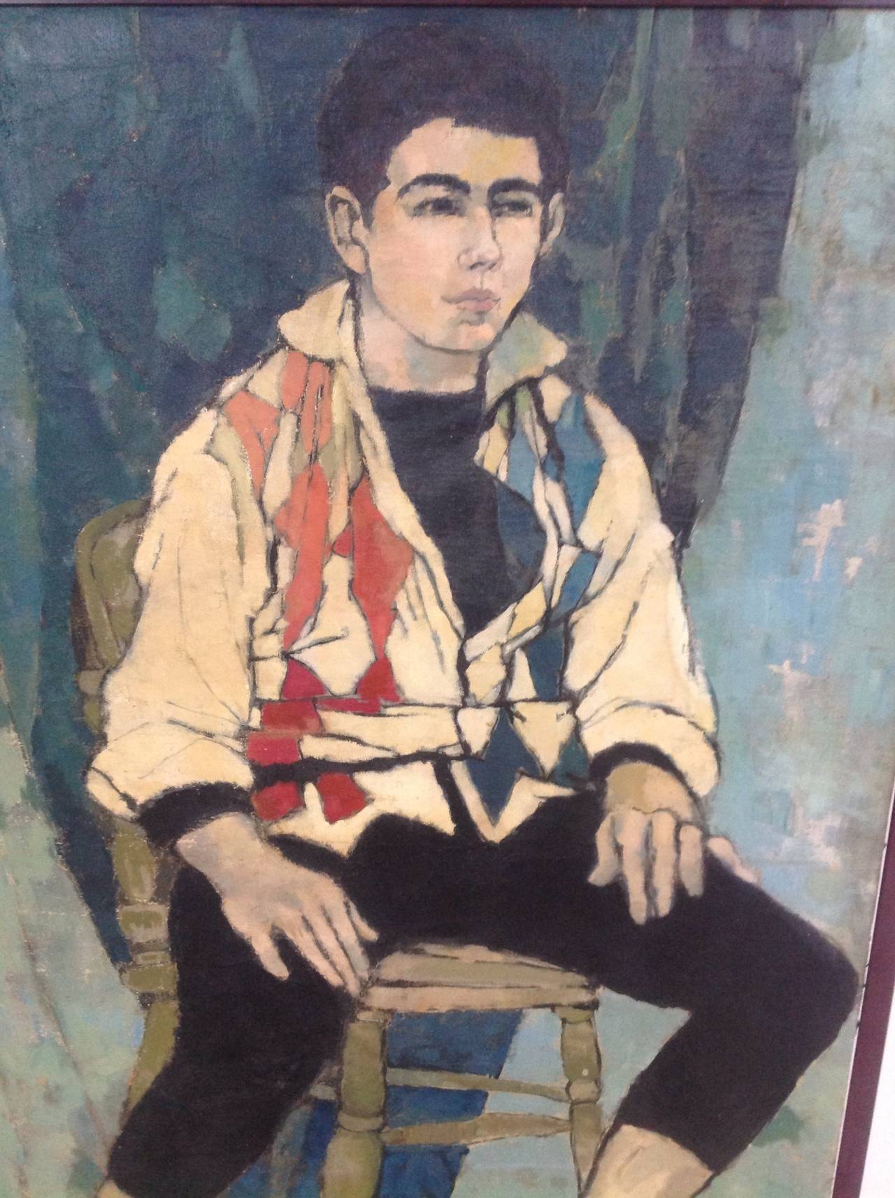 A large and very competent oil on canvas of a seated boy with a Harlequin shirt signed Nordberg and dated 1954. I could not identify the artist but this piece is very nicely painted and by an obviously formaly trained painter. 
Strong yet very