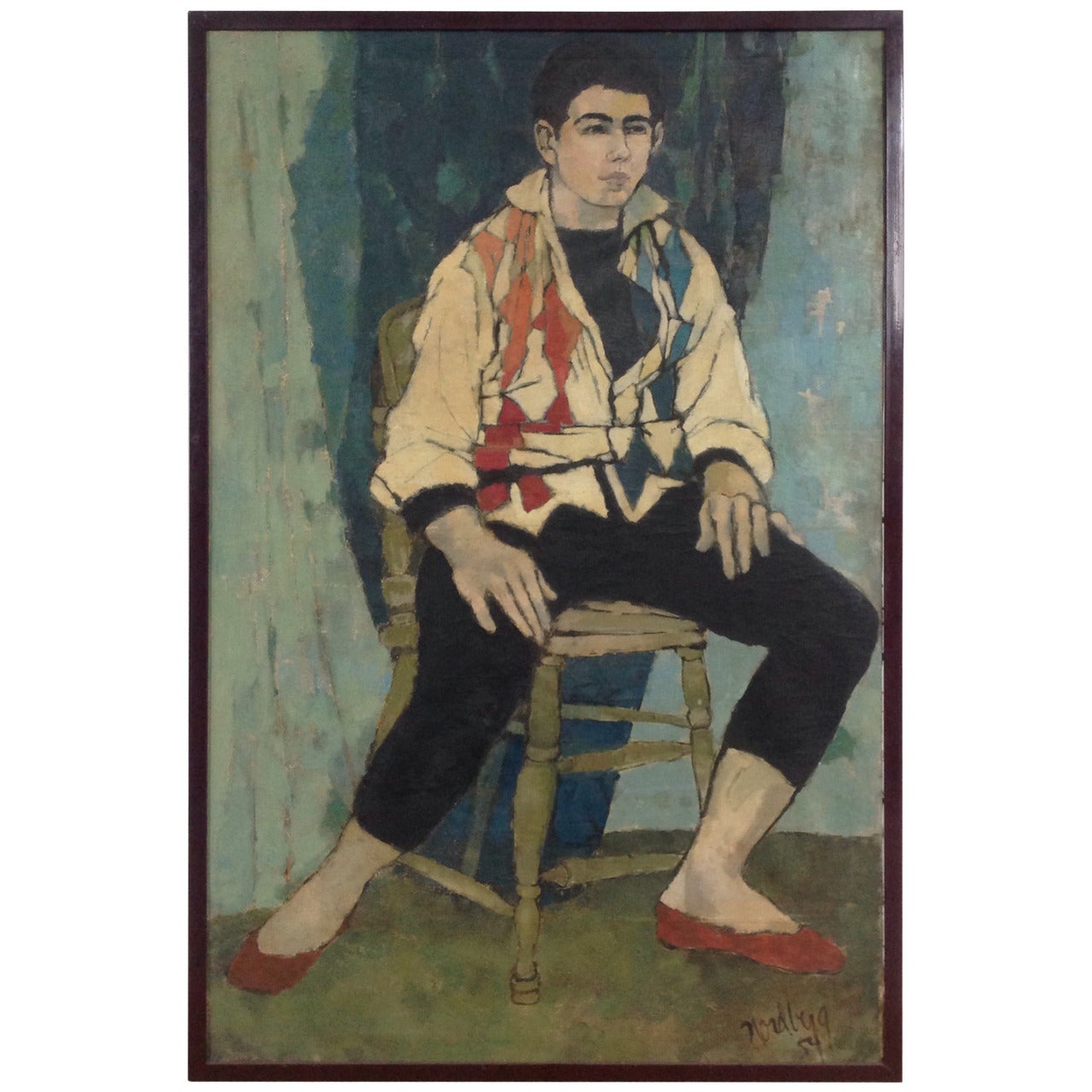 Large Oil of a Seated Boy Signed Nordberg, 1954 For Sale