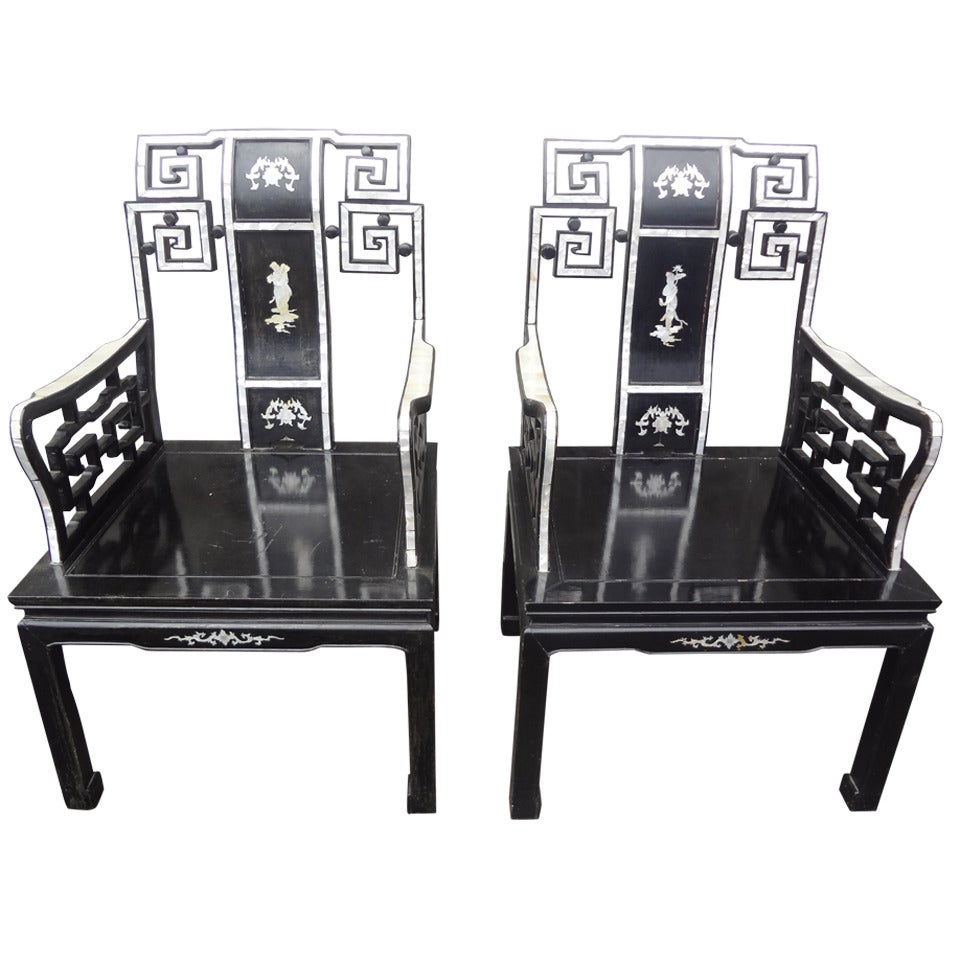 Early 20th Century Chinese Armchairs with Mother of Pearl Inlay For Sale
