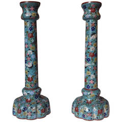 Antique Unusual and Large Pair of Chinese Cloisonné Enamel Candlesticks