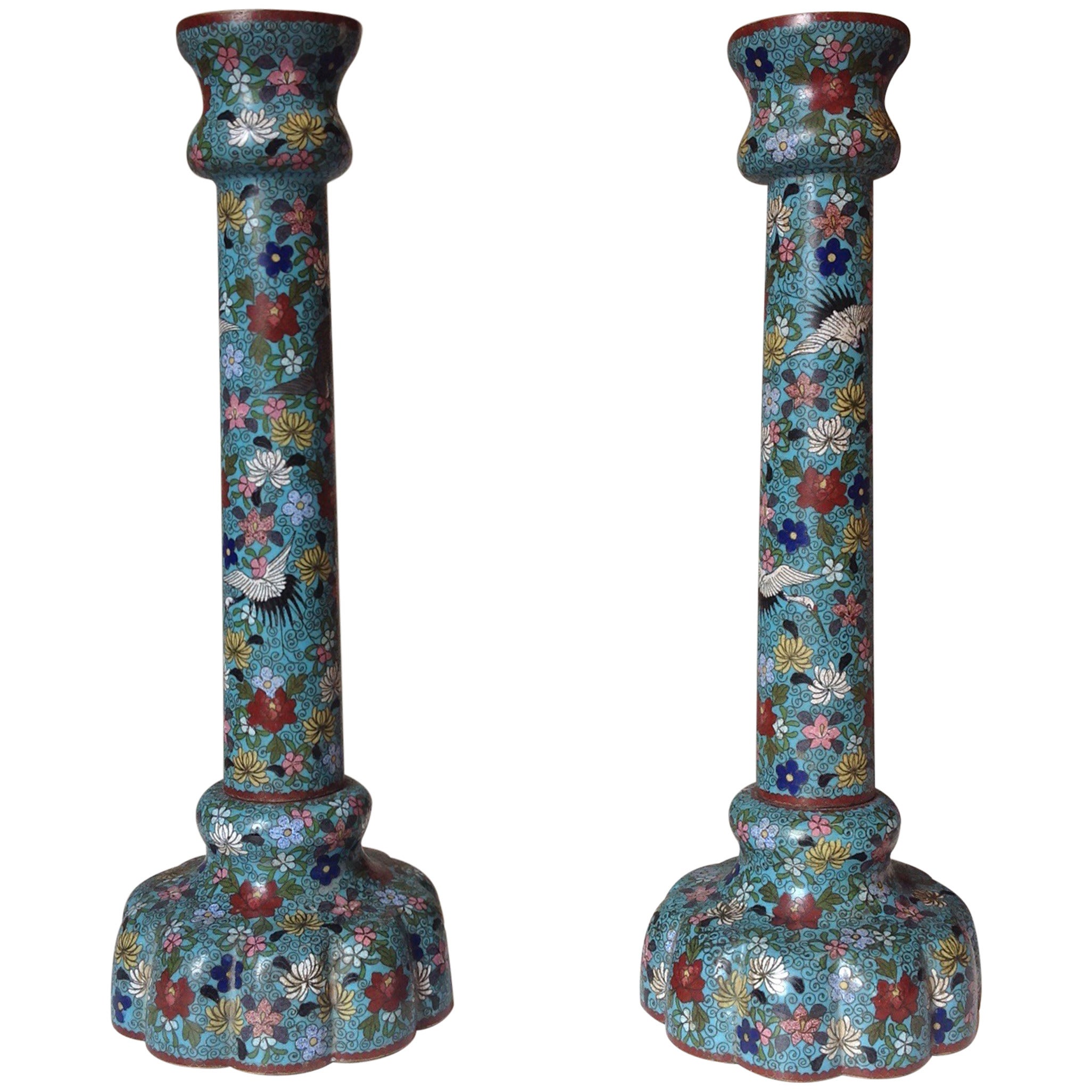 Unusual and Large Pair of Chinese Cloisonné Enamel Candlesticks For Sale