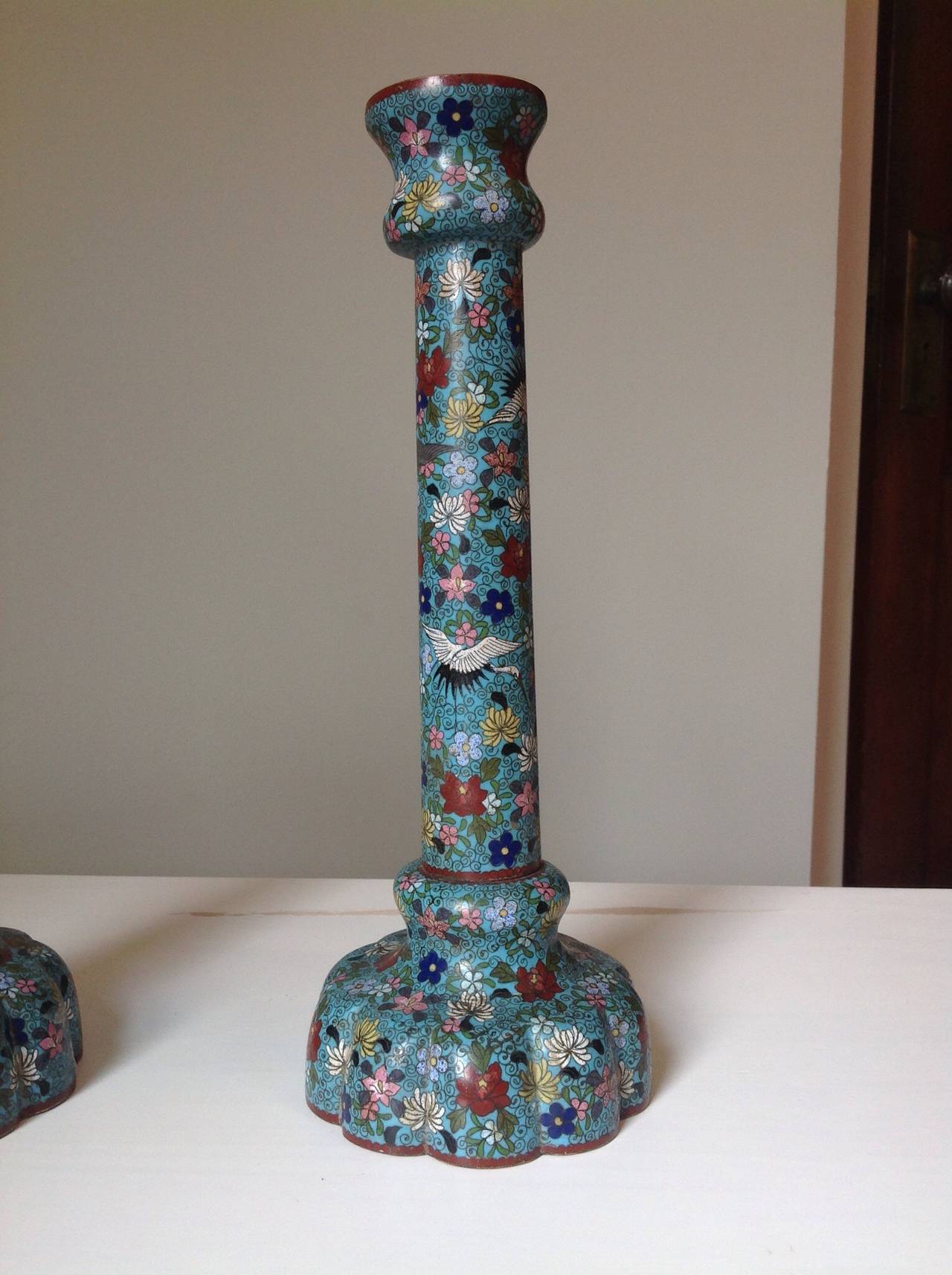 Unusual and Large Pair of Chinese Cloisonné Enamel Candlesticks