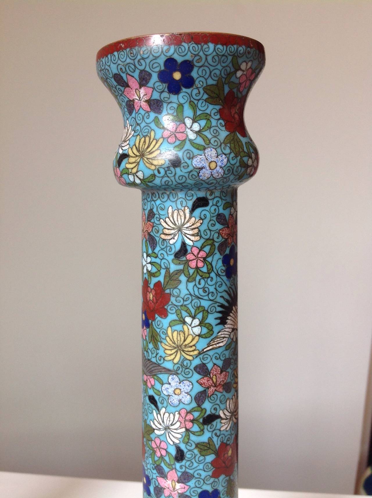 Unusual and Large Pair of Chinese Cloisonné Enamel Candlesticks In Excellent Condition For Sale In Sleepy Hollow, NY