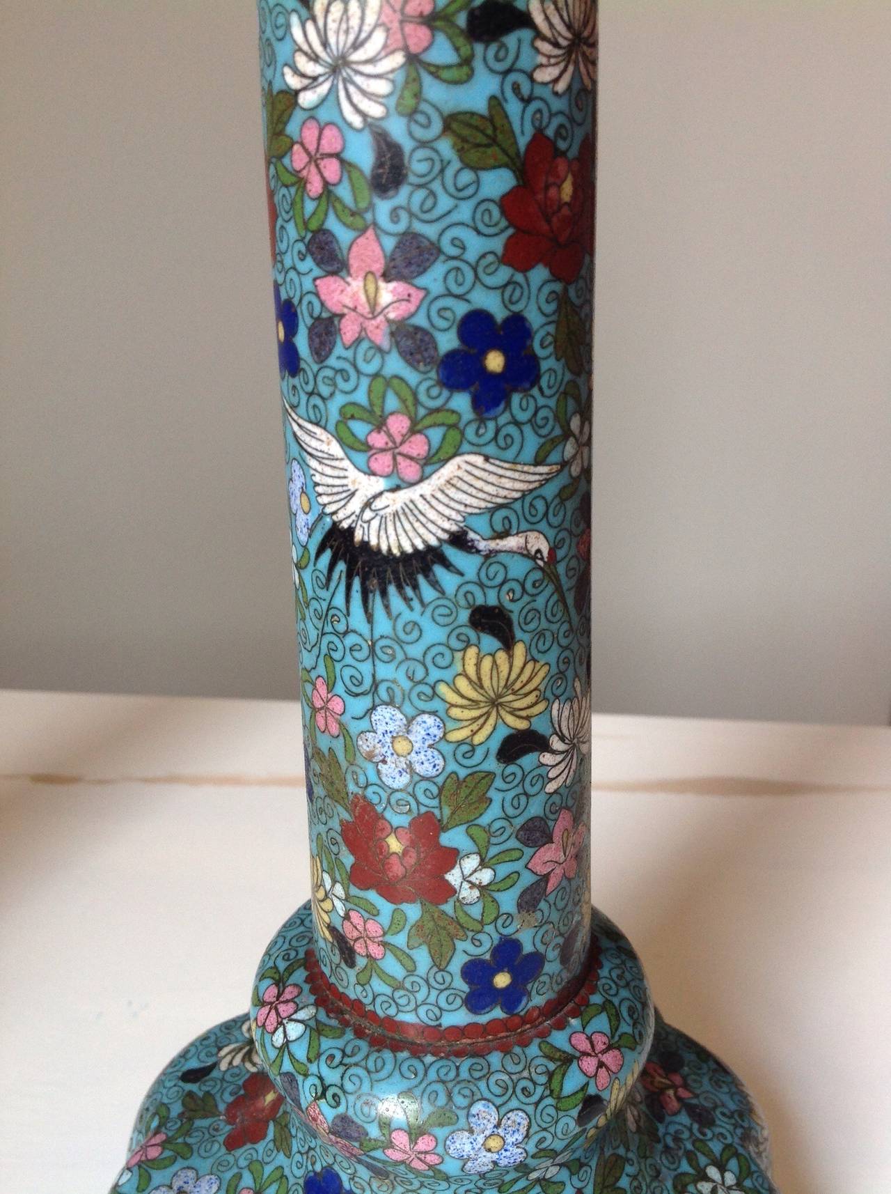 19th Century Unusual and Large Pair of Chinese Cloisonné Enamel Candlesticks For Sale