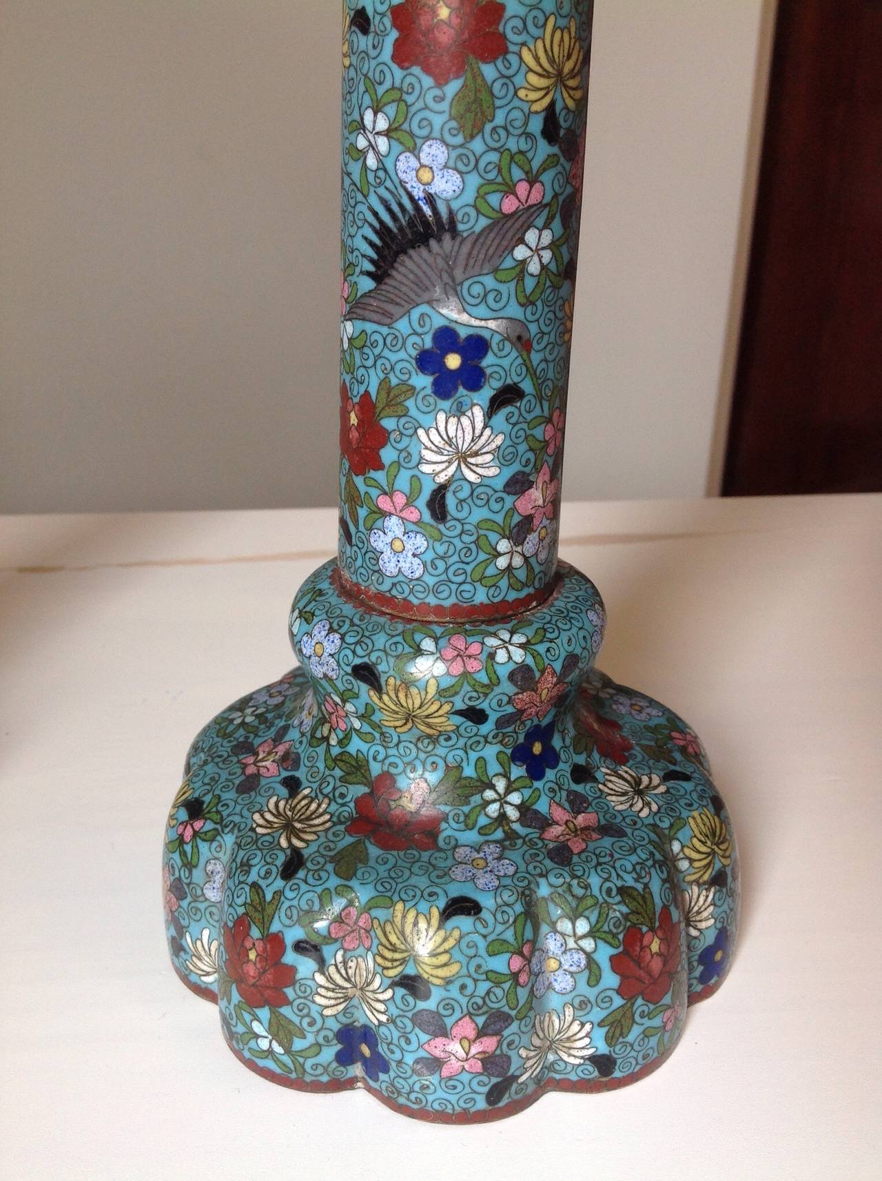 Unusual and Large Pair of Chinese Cloisonné Enamel Candlesticks For Sale 2