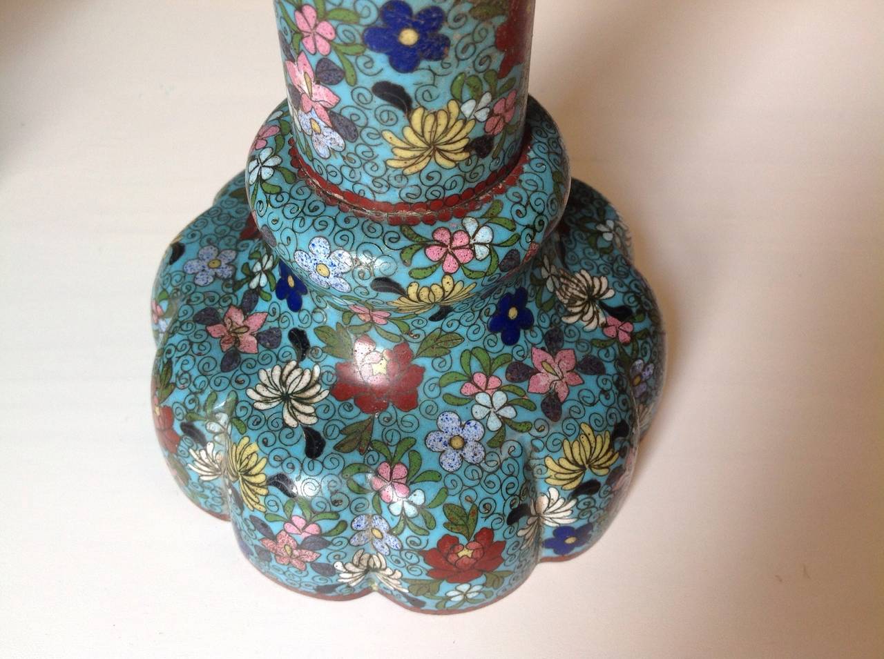 Unusual and Large Pair of Chinese Cloisonné Enamel Candlesticks For Sale 3