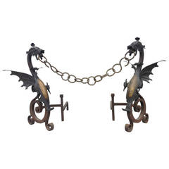 Unusual Pair of Dragon Wrought Iron Andirons