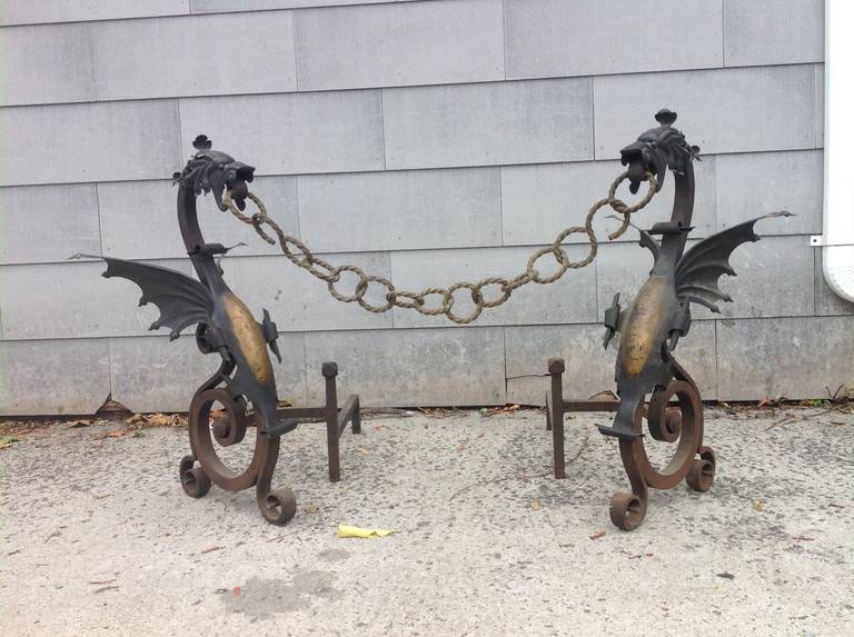 Unusual Pair of Dragon Wrought Iron Andirons